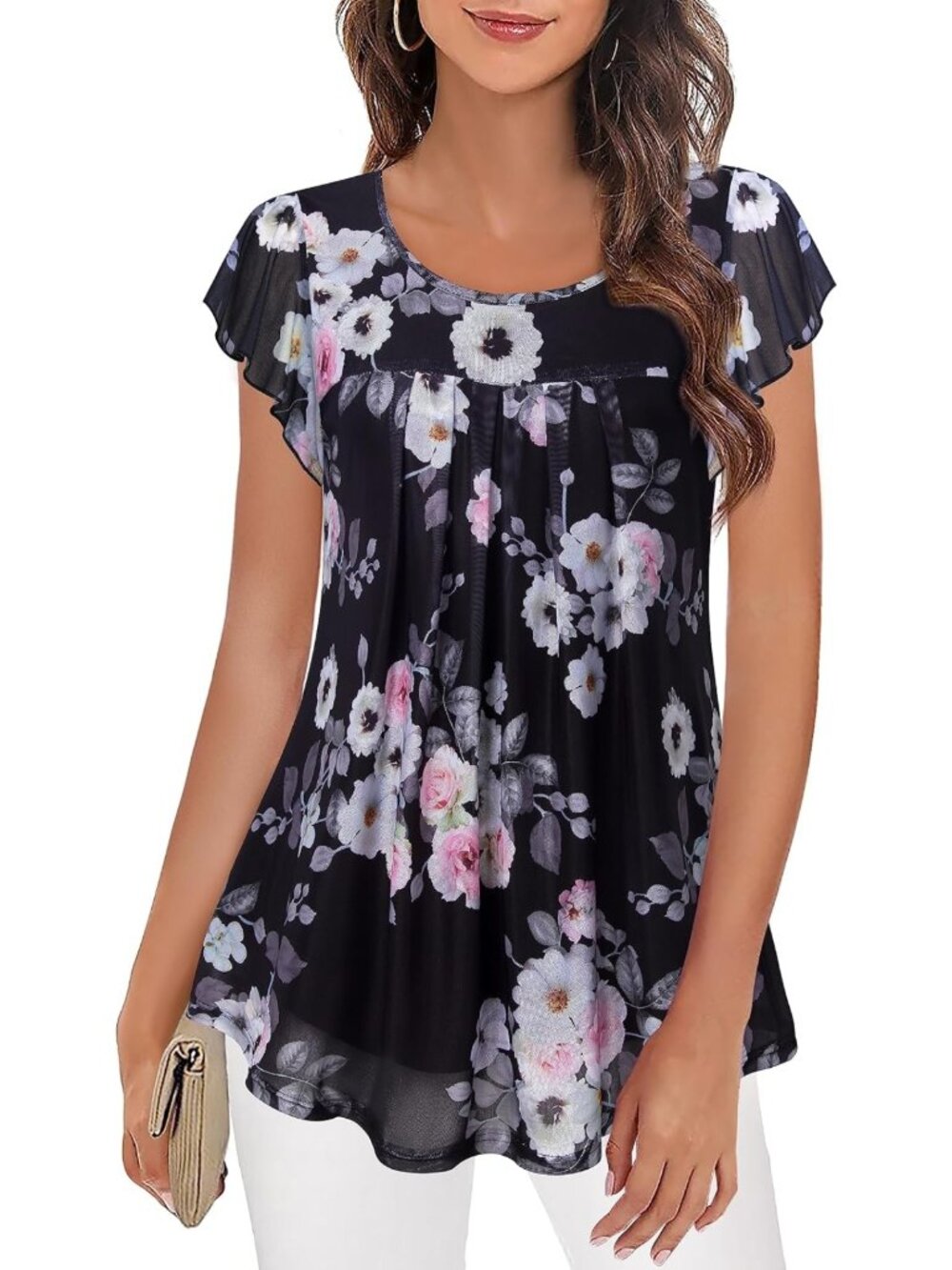 Floral Short Sleeve Tunic Blouse - Pleated Mesh Summer Top for Women